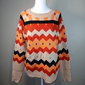 DEXTER ZIGZAG PATTERN SWEATER IN ORANGES BLACK AND CREAM LONG SLEEVE SIZE LARGE